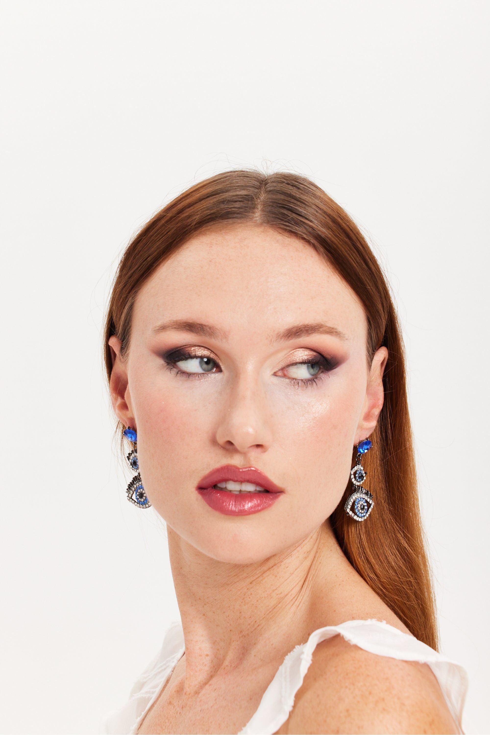 Double Evil Eye Drop Style Earrings With Diamonte Embellishments SS24ER14