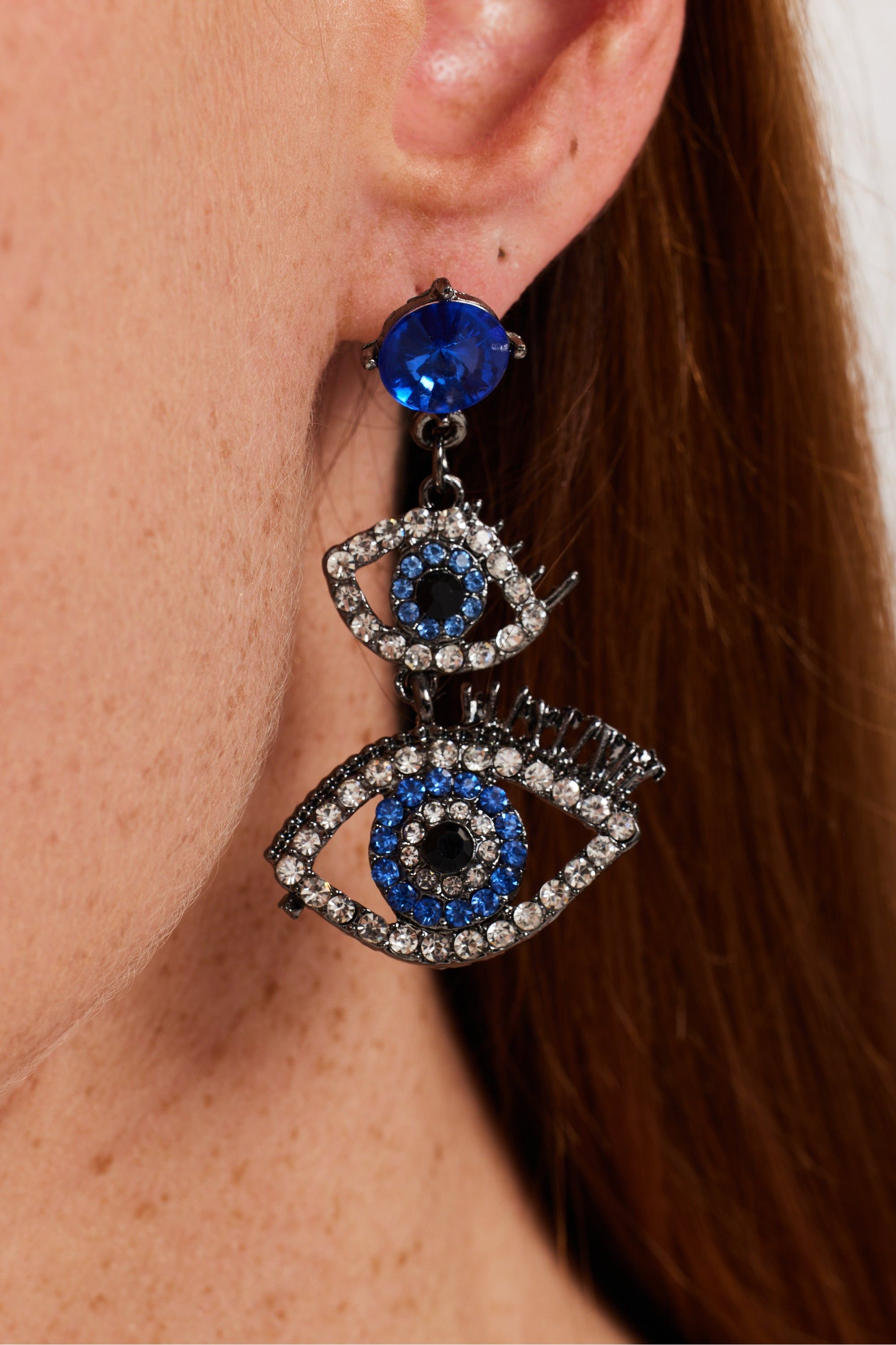 Double Evil Eye Drop Style Earrings With Diamonte Embellishments SS24ER14