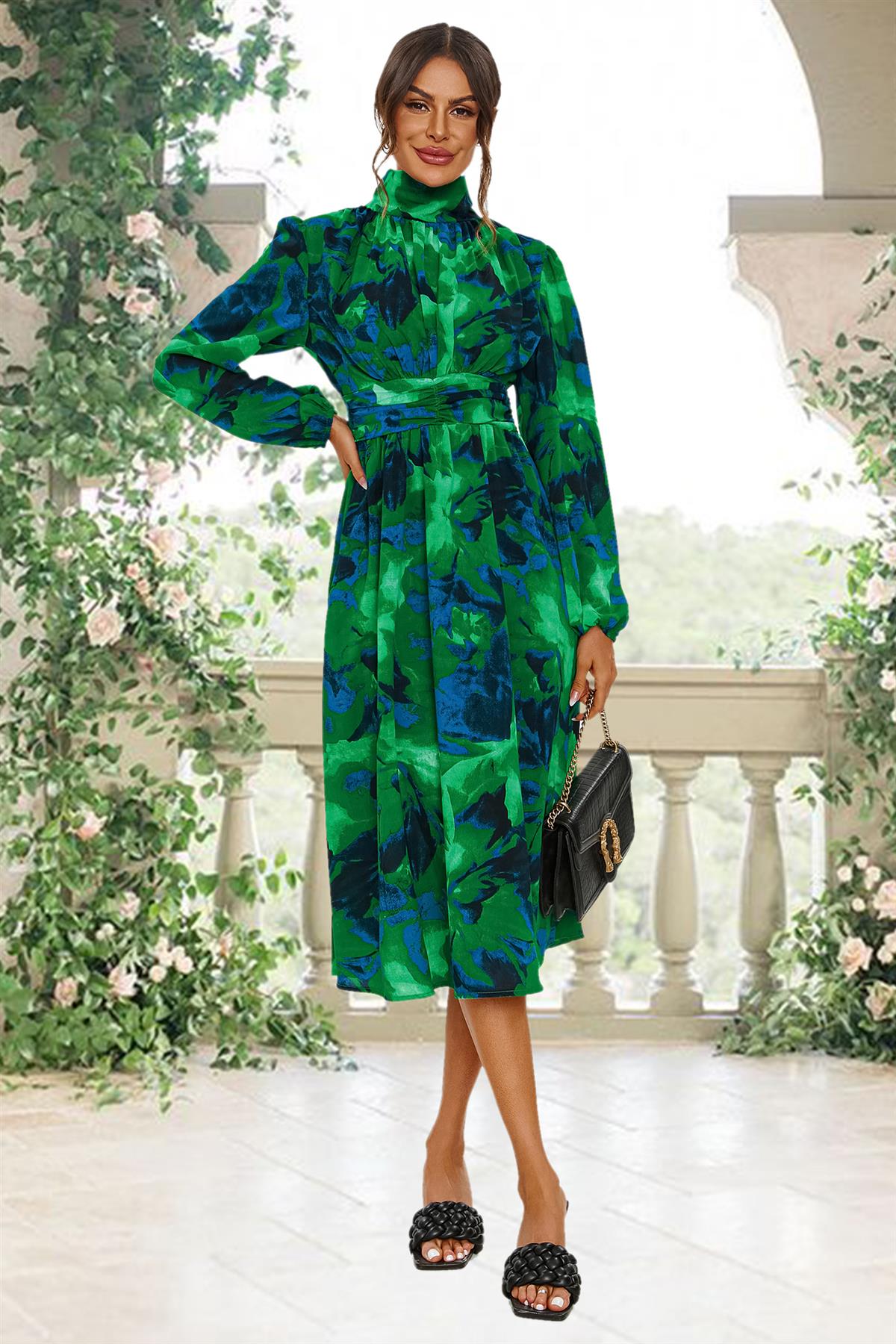Abstract Floral Print Long Sleeve Midi Dress In Green FS669