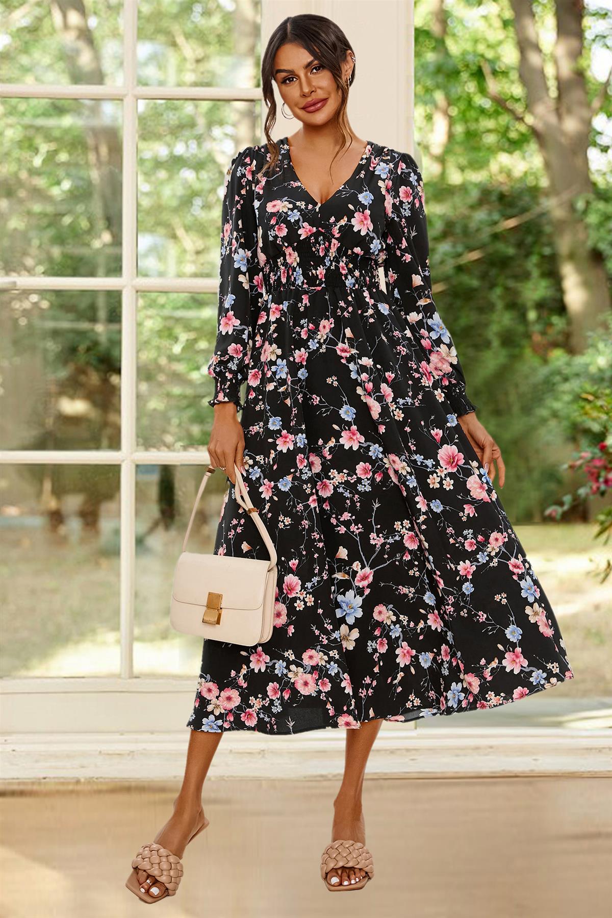 Floral Print Long Sleeve Midi Dress In Black FS629-BlackF