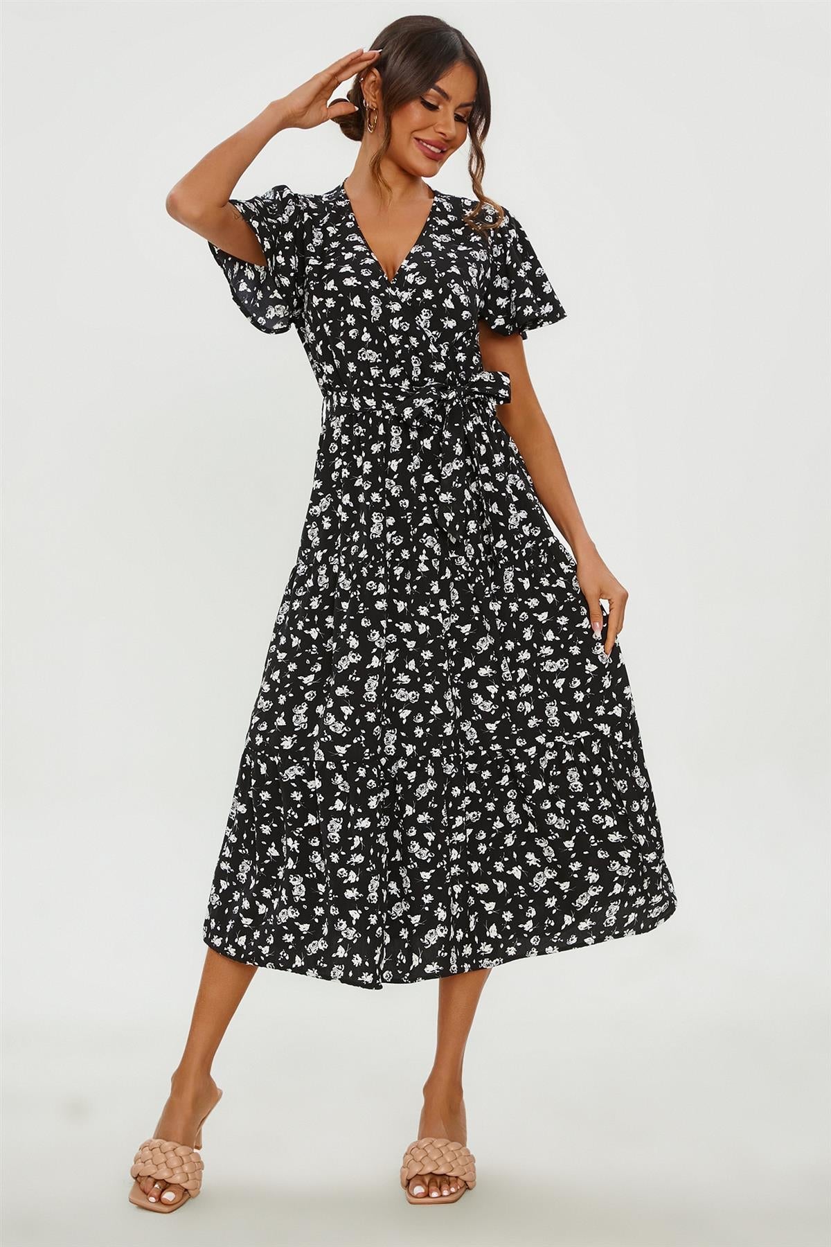 White Floral Print Hem Tiered Wrap Midi Dress In Black FS231-BlackF