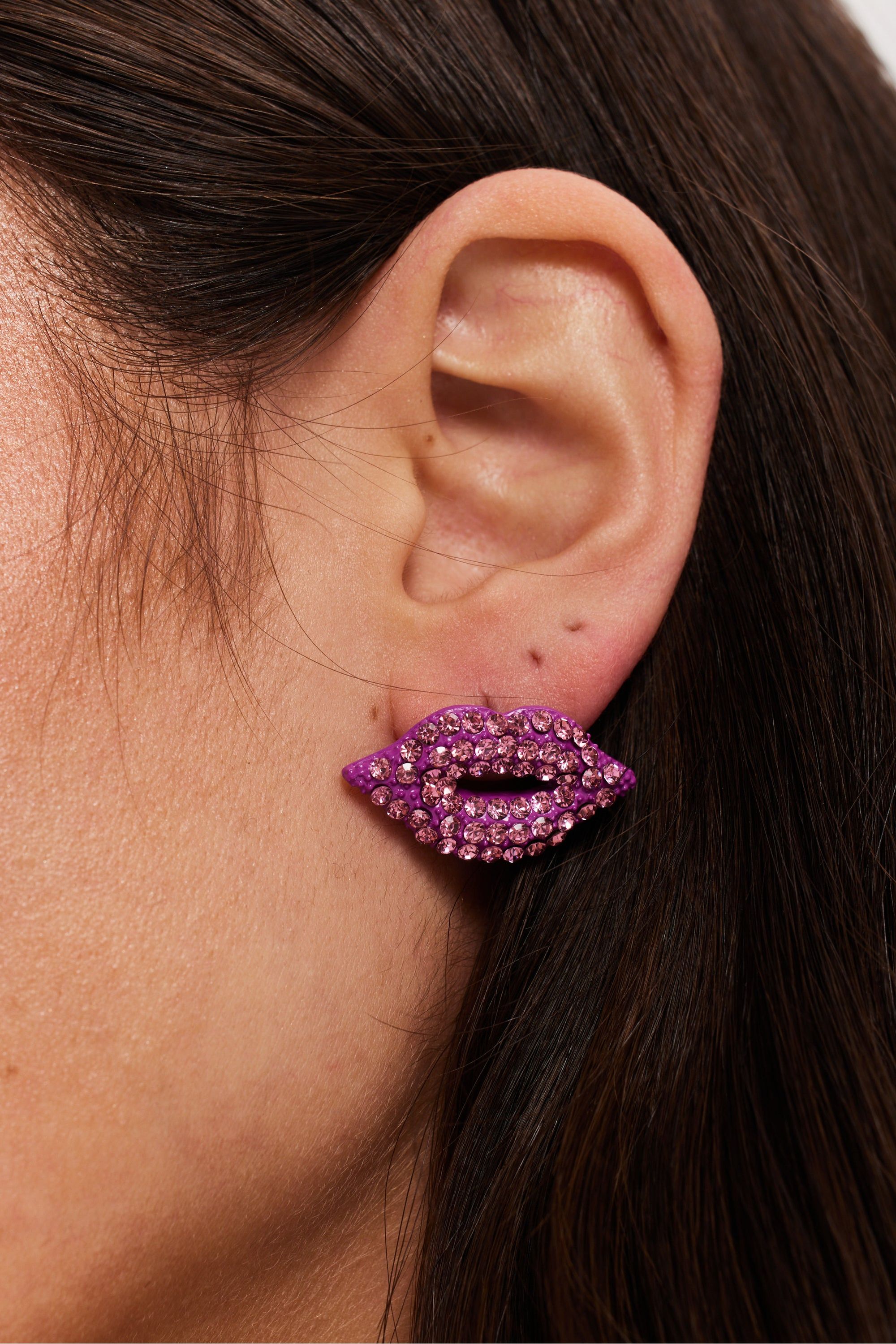 Pair Of Lips Stud Earrings With Rhinestone Embellishment In Pink SS24ER17