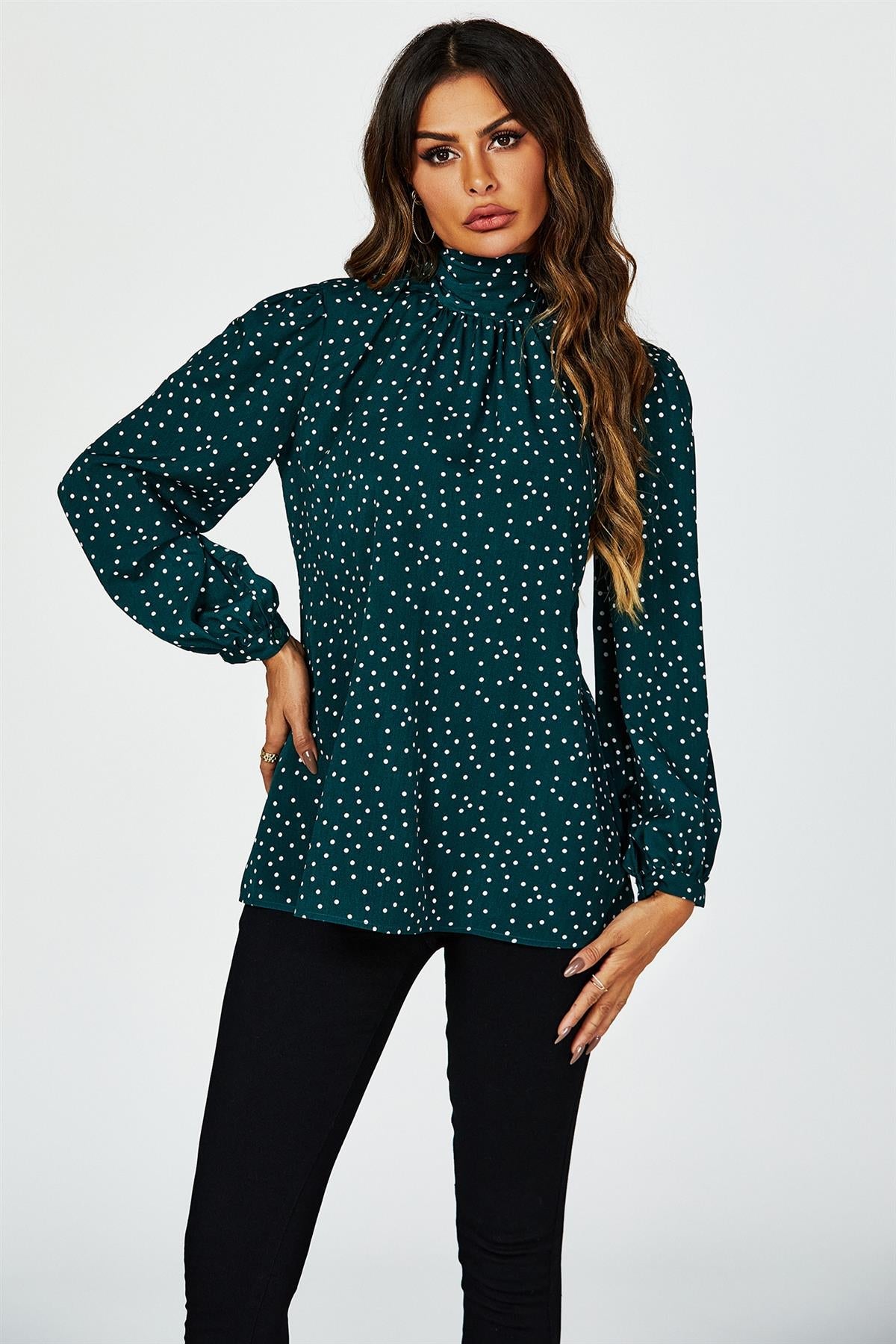 Polka Dot Print Long Sleeve Back Tie Blouse Top In Green FS637-GreenkDot