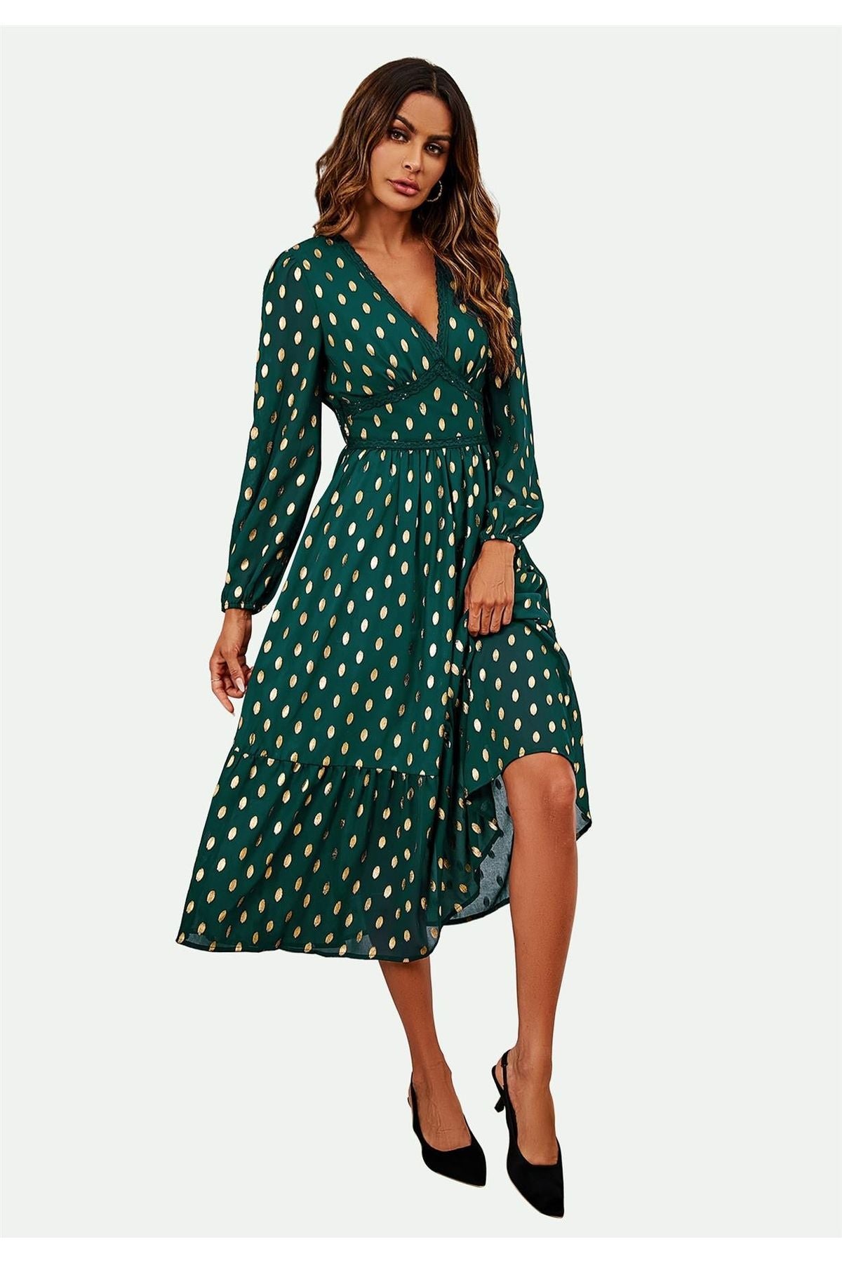 Lace Trim Foil Long Sleeve Maxi Dress In Green FS565-GG