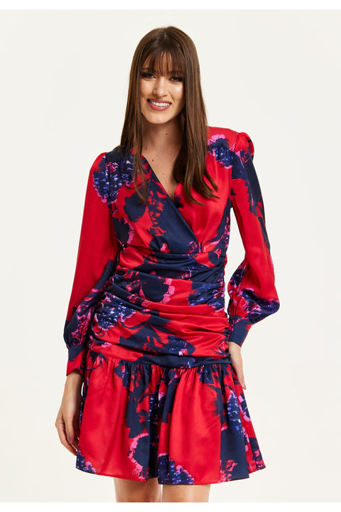 Floral Print Red Mini Dress With Long Sleeves by Liquorish