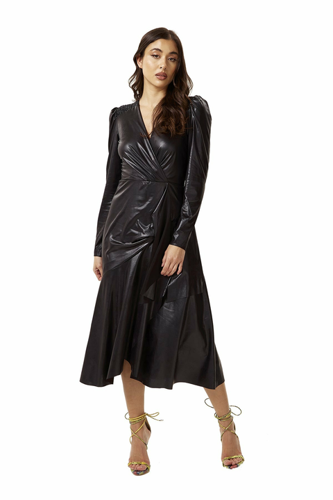 Pu Wrap Midi Dress In Black With Long Sleeves by Liquorish
