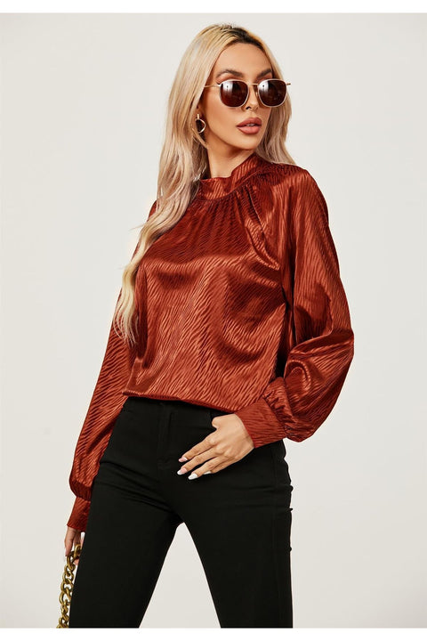 Halter Neck Satin Long Sleeve Blouse Top In Copper Red by FS Collection