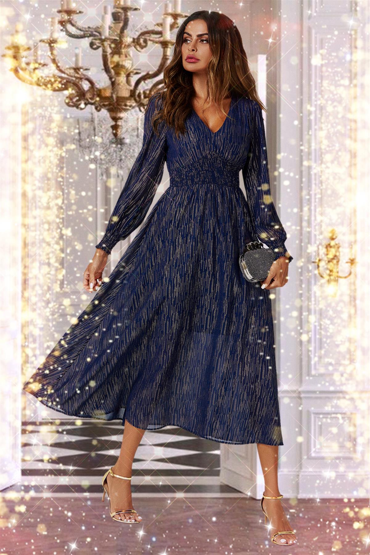 Gold Stripe Foil Long Sleeve Maxi Dress In Navy FS629-NavyStripe