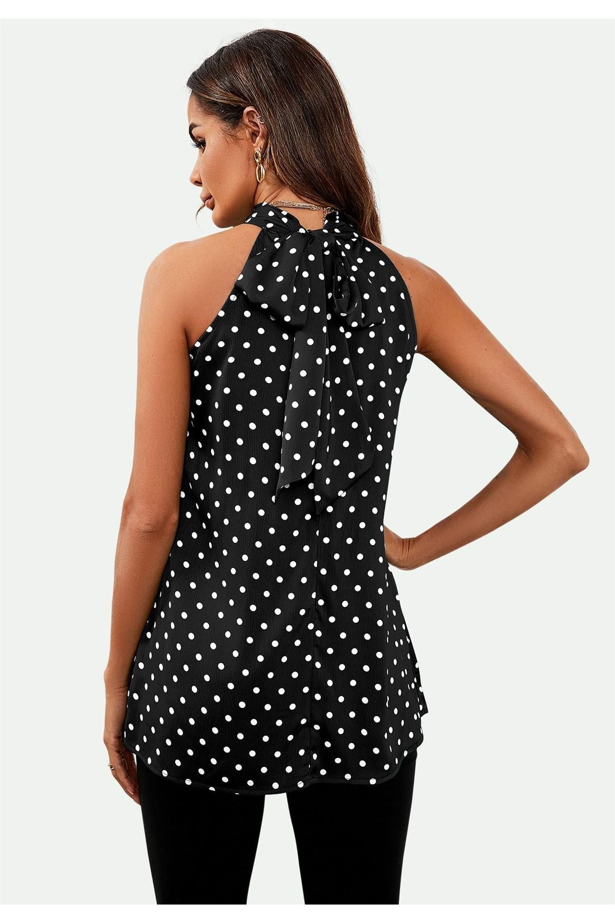 Polka Dot Print Halter Neck Tie Back Top In Black FS557-BD