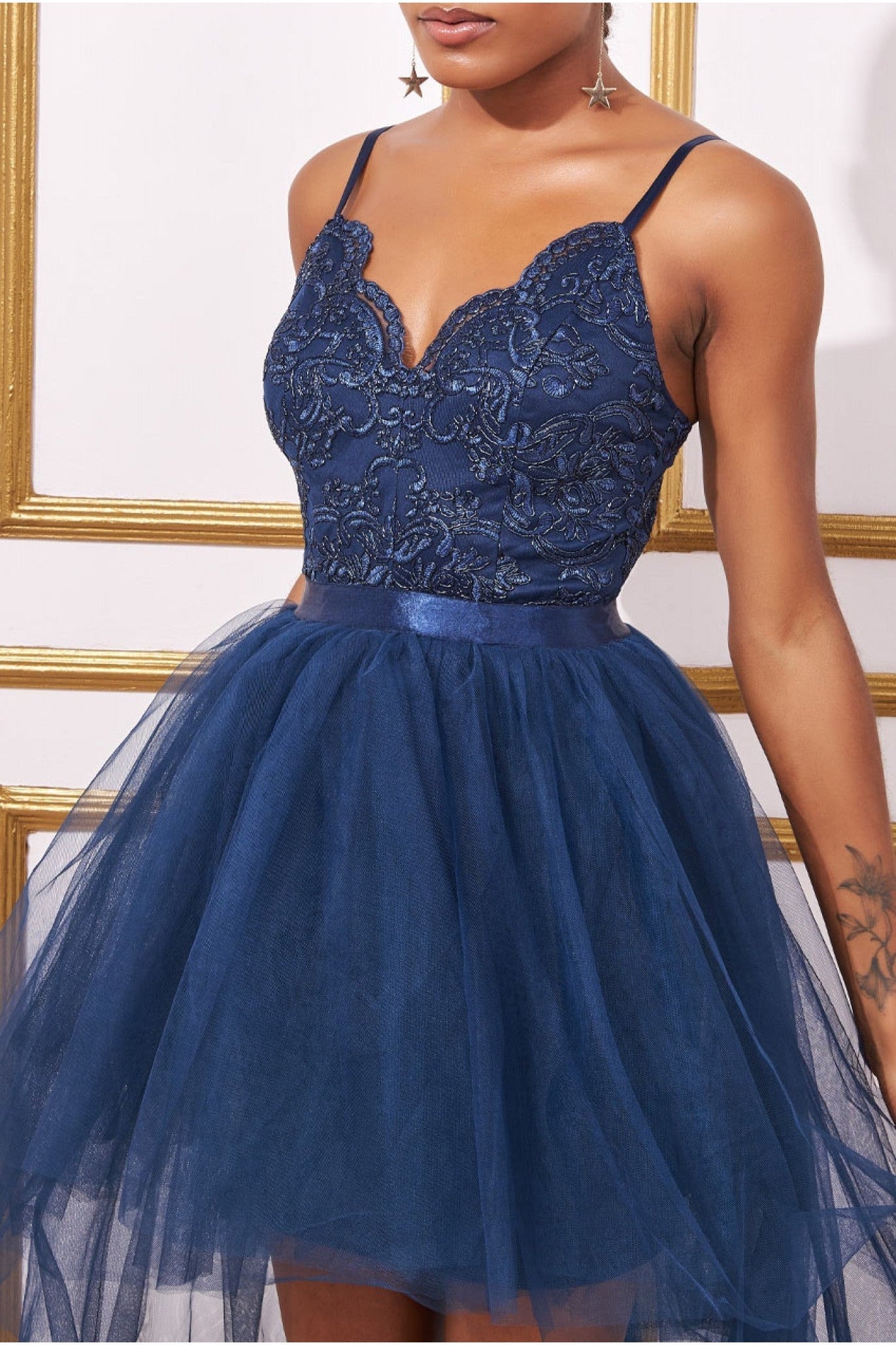 High Low Tulle Mini With Lace Bodice - Navy DR3061