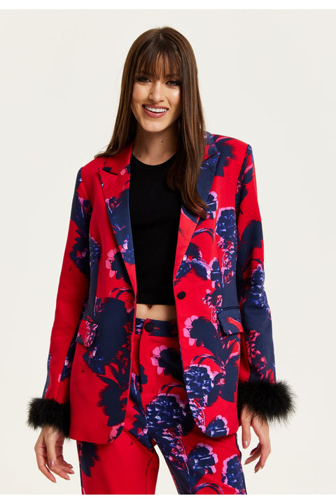 Floral Print Red Blazer With Fluffy Trim In Black by Liquorish