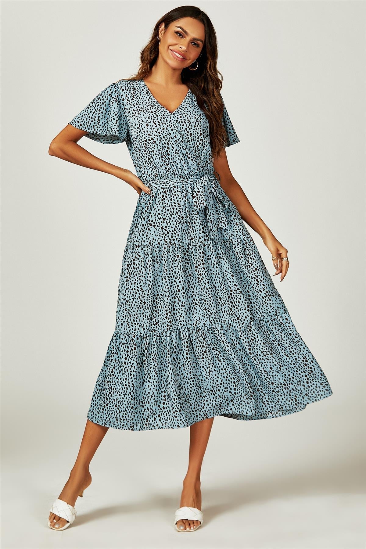 Leopard Print Hem Tiered Wrap Midi Dress In Blue FS231-BlueL