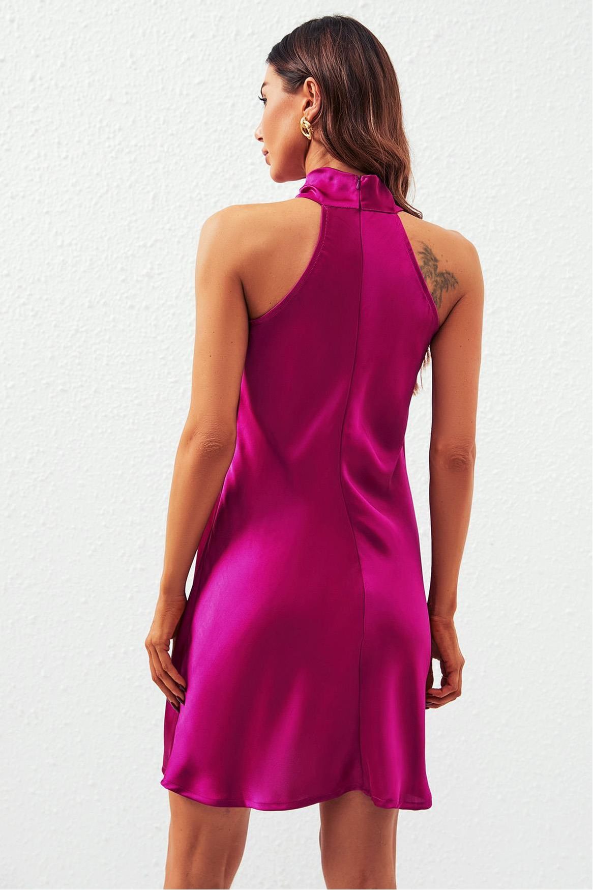 Satin Halter Neck Mini Dress In Fuchsia FS560-Fuchsia