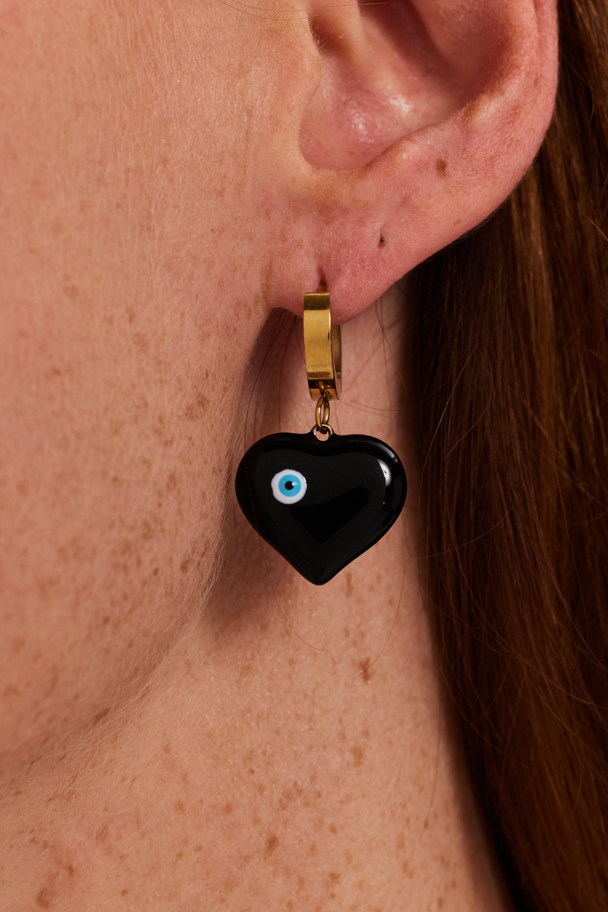 Black Heart Small Gold Hoop  Earrings With Evil Eye Detail SS24ER26
