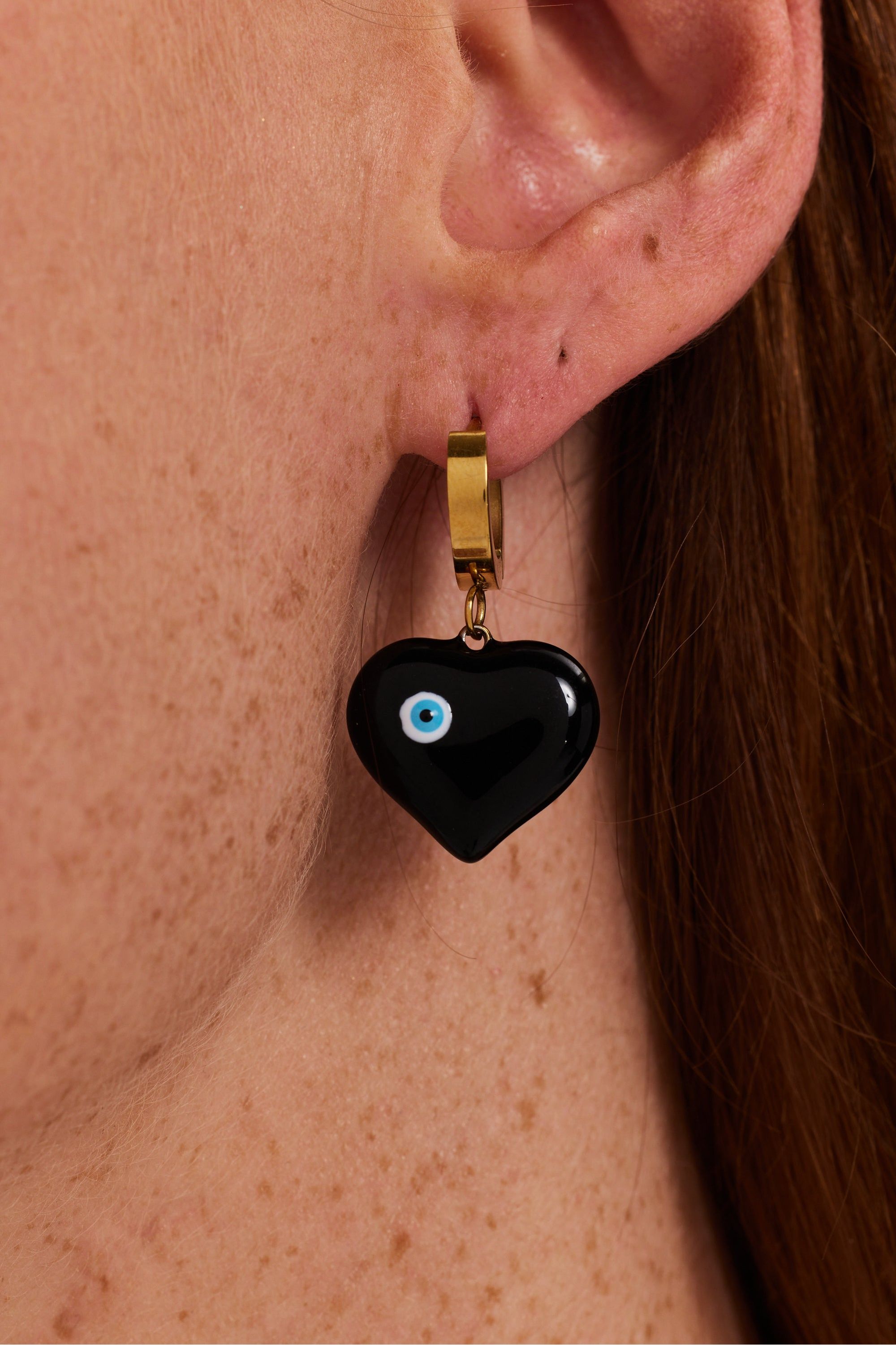 Black Heart Small Gold Hoop Earrings With Evil Eye Detail SS24ER26