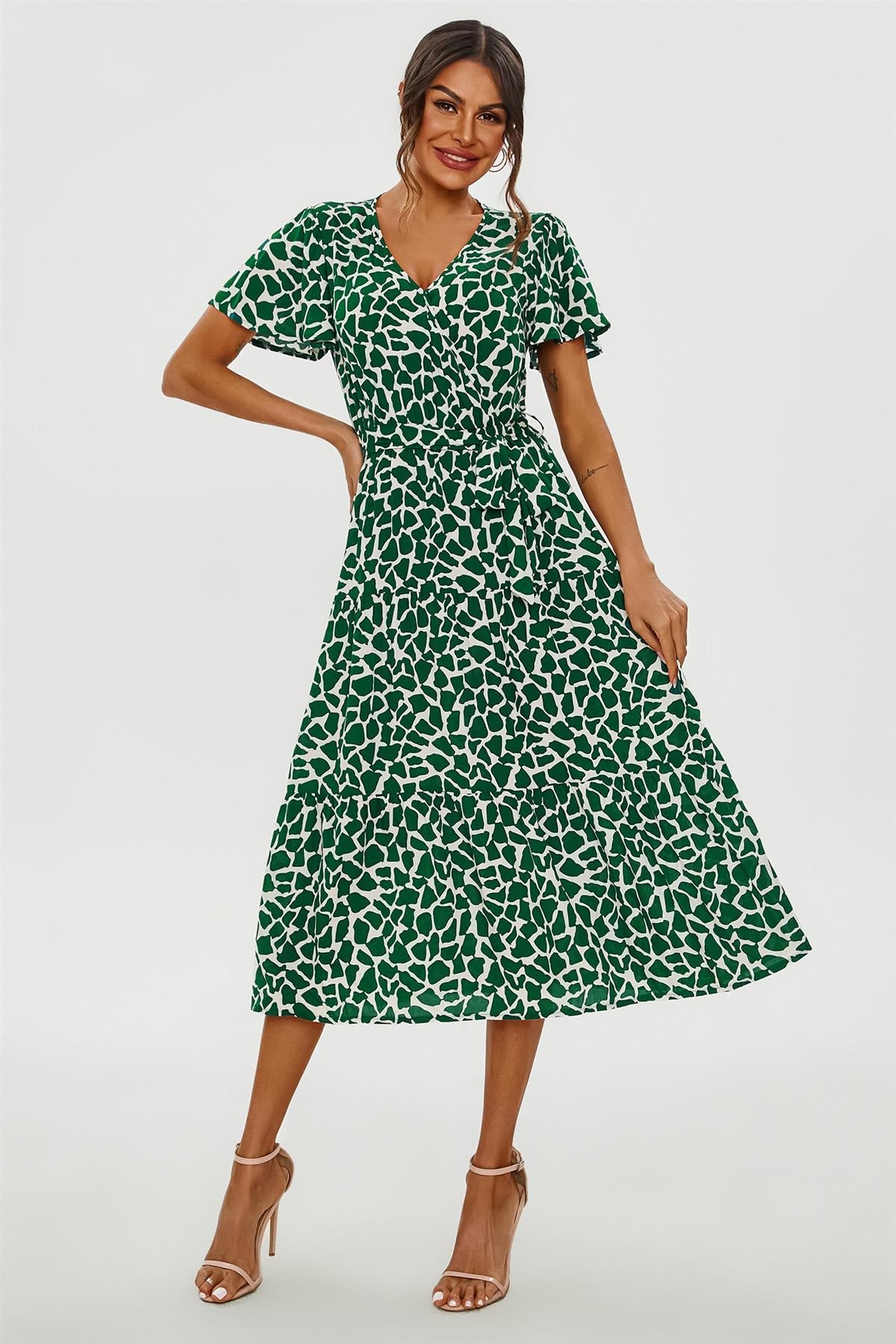 Geo Print Hem Tiered Wrap Midi Dress In Green FS231-GG