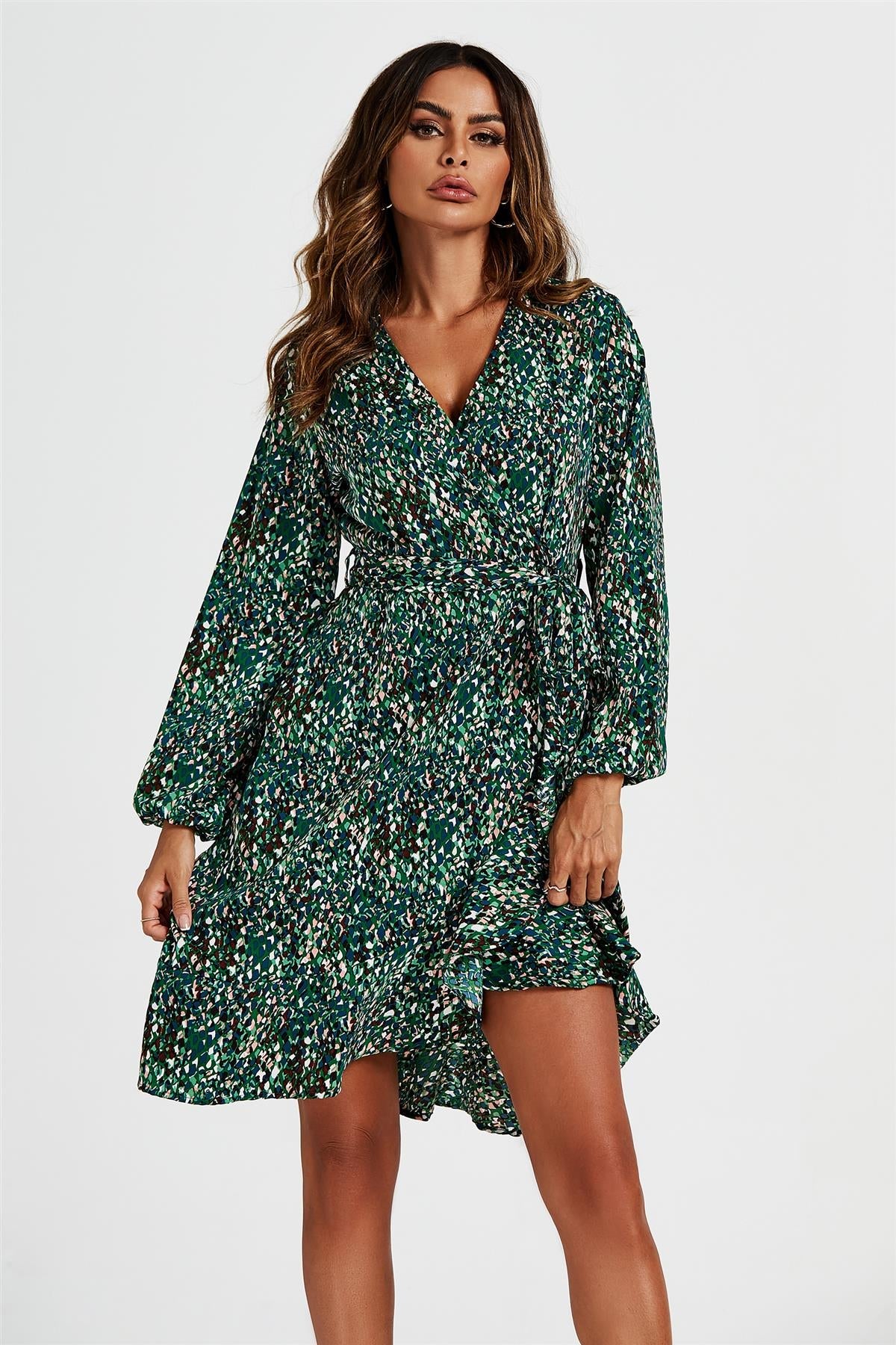 Wrap Top Midi Dress In Green FS602-GM