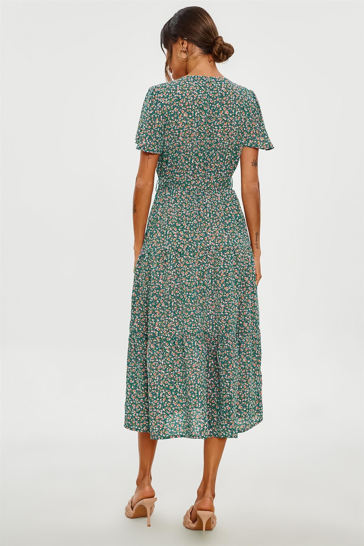 Orange Floral Print Hem Tiered Wrap Midi Dress In Green FS231-GO