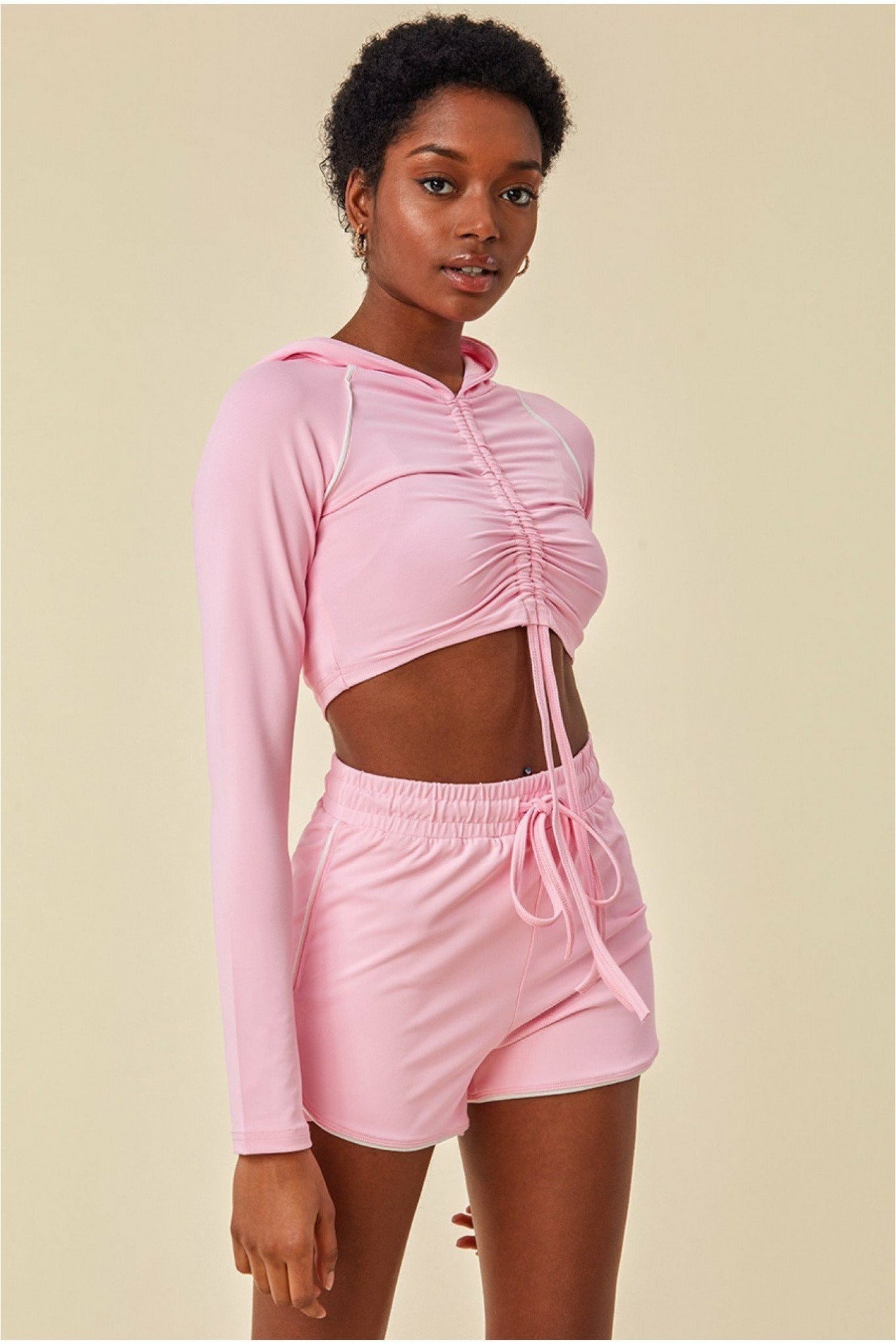 Jersey Short Set With Drawstring Top - Pink TS1