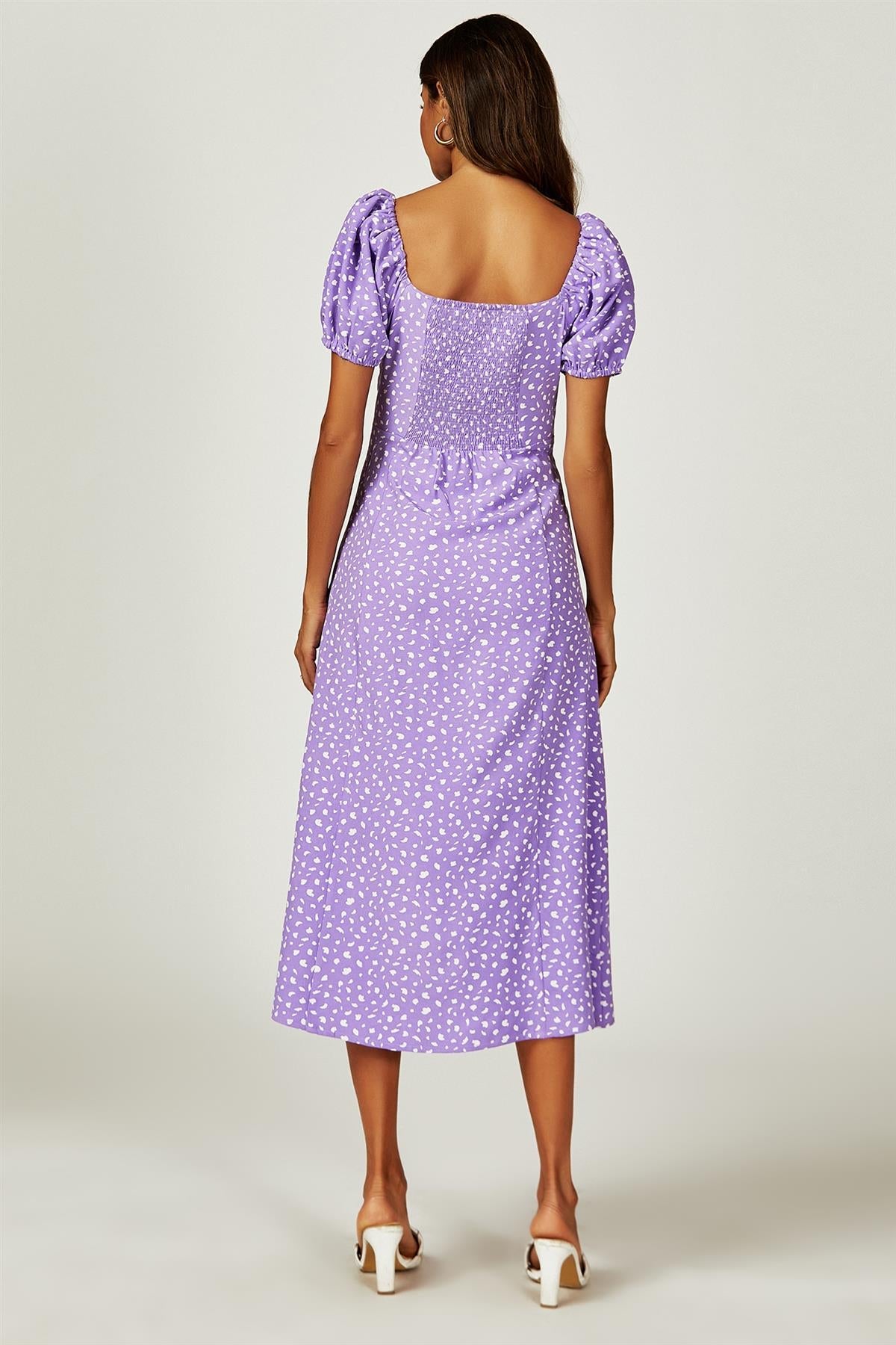 Puff Sleeve Heart Neckline Midi Dress In Purple FS658