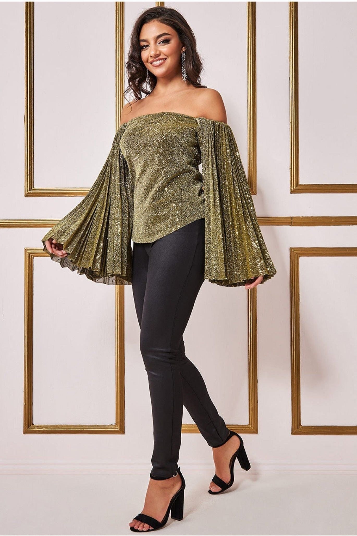 Sequin Lurex Bardot Pleated Sleeve Top - Gold T205