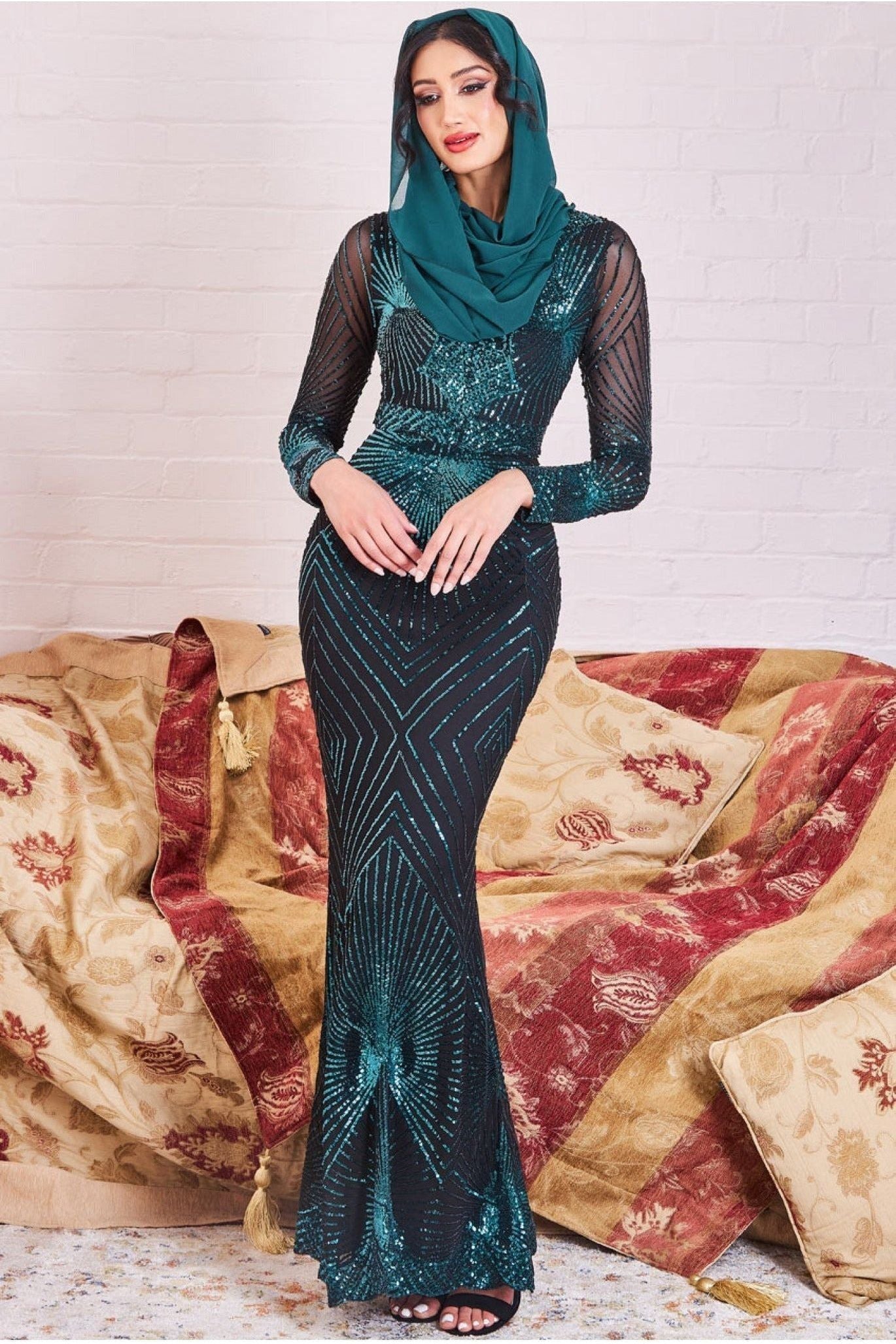 Modesty Starburst Sequin Maxi Dress - Emerald DR1824MOD