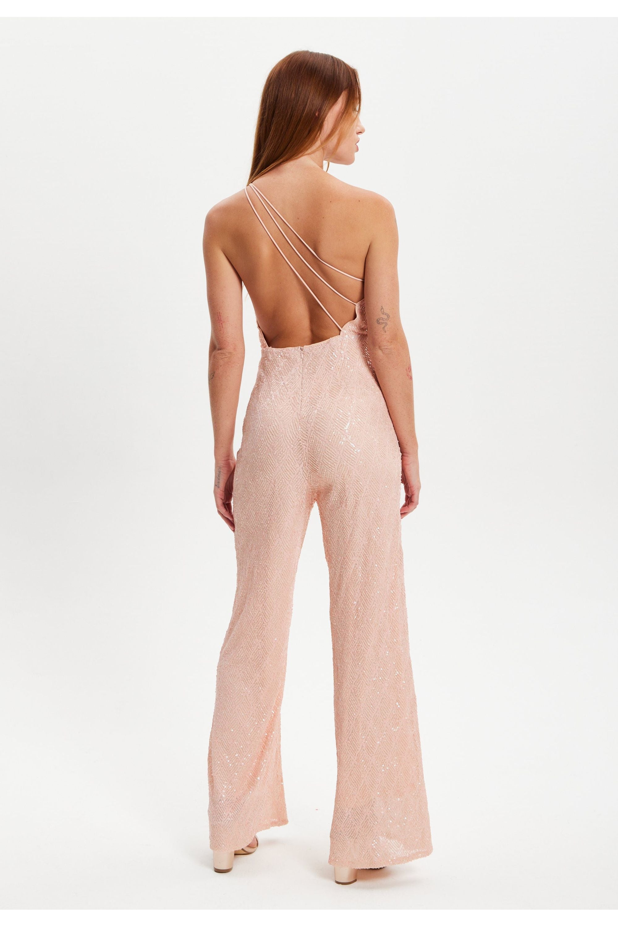 Pink Sequin Jersey One Shoulder Jumpsuit H6-DML018