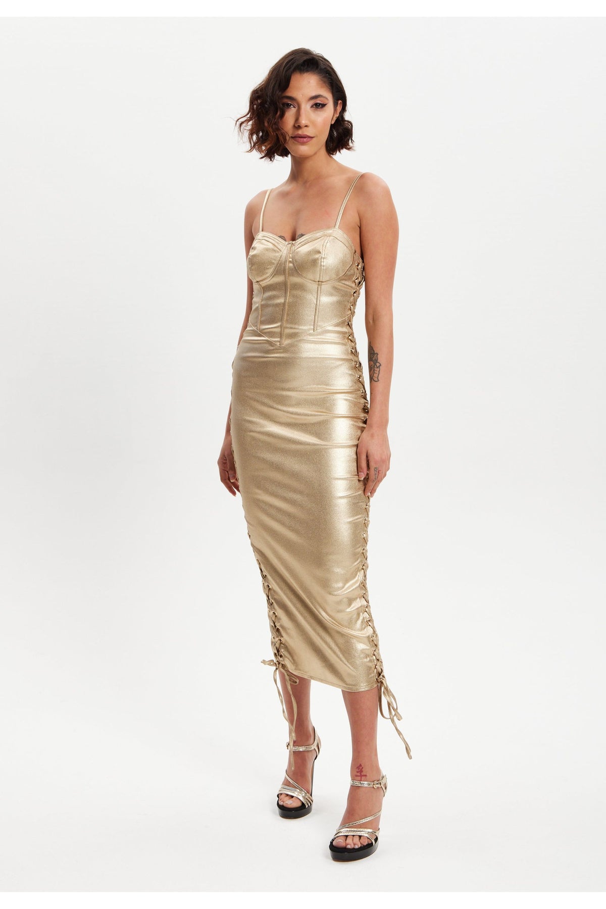 Metallic Foil Gold Lycra Eyelet Dress H6-DML020