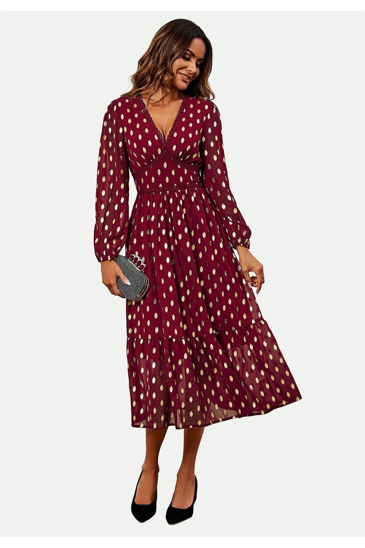 Lace Trim Foil Long Sleeve Maxi Dress In Wine FS565-WG