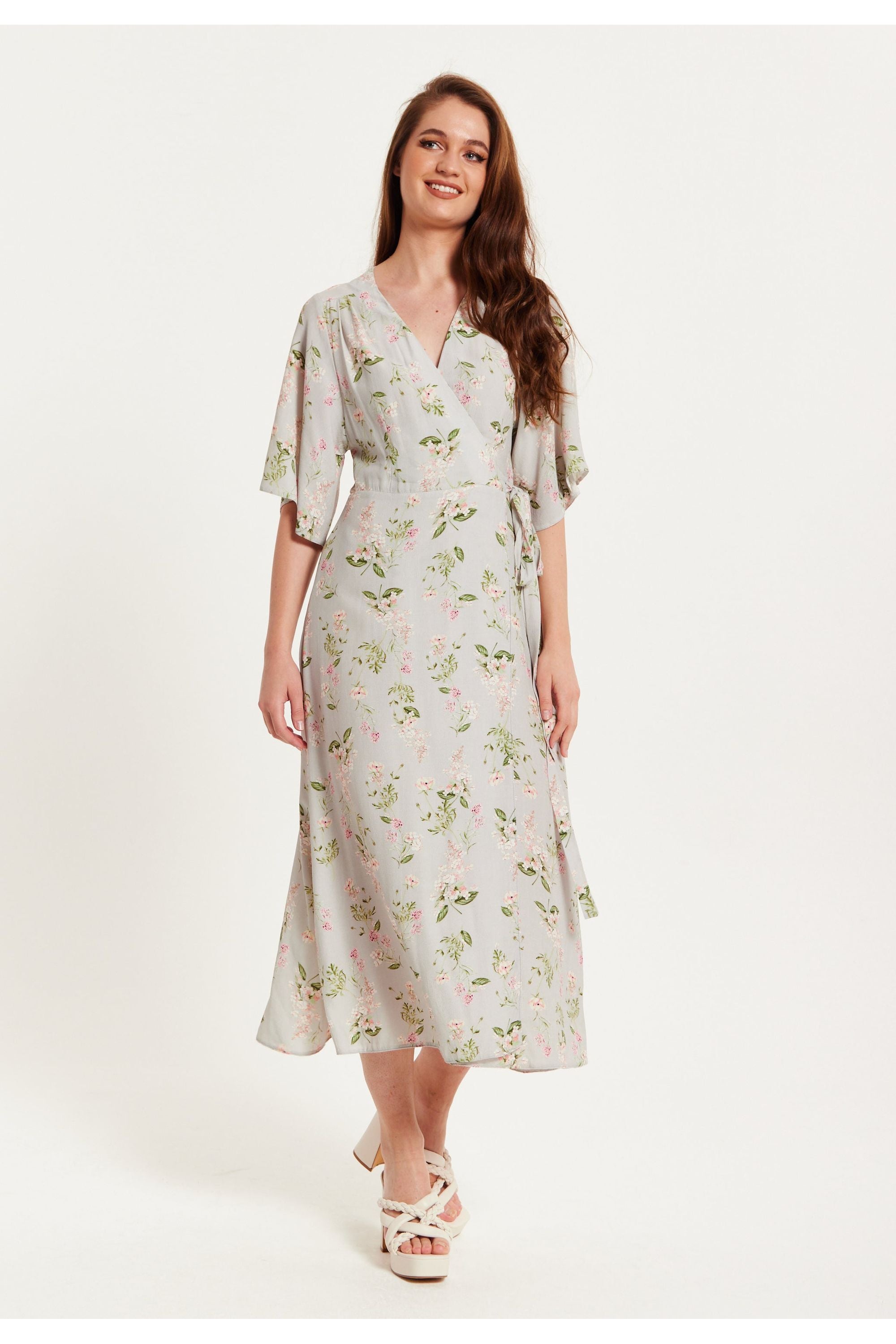 Floral Maxi Wrap Dress In Grey With Kimono Sleeves C10-LIQKM005