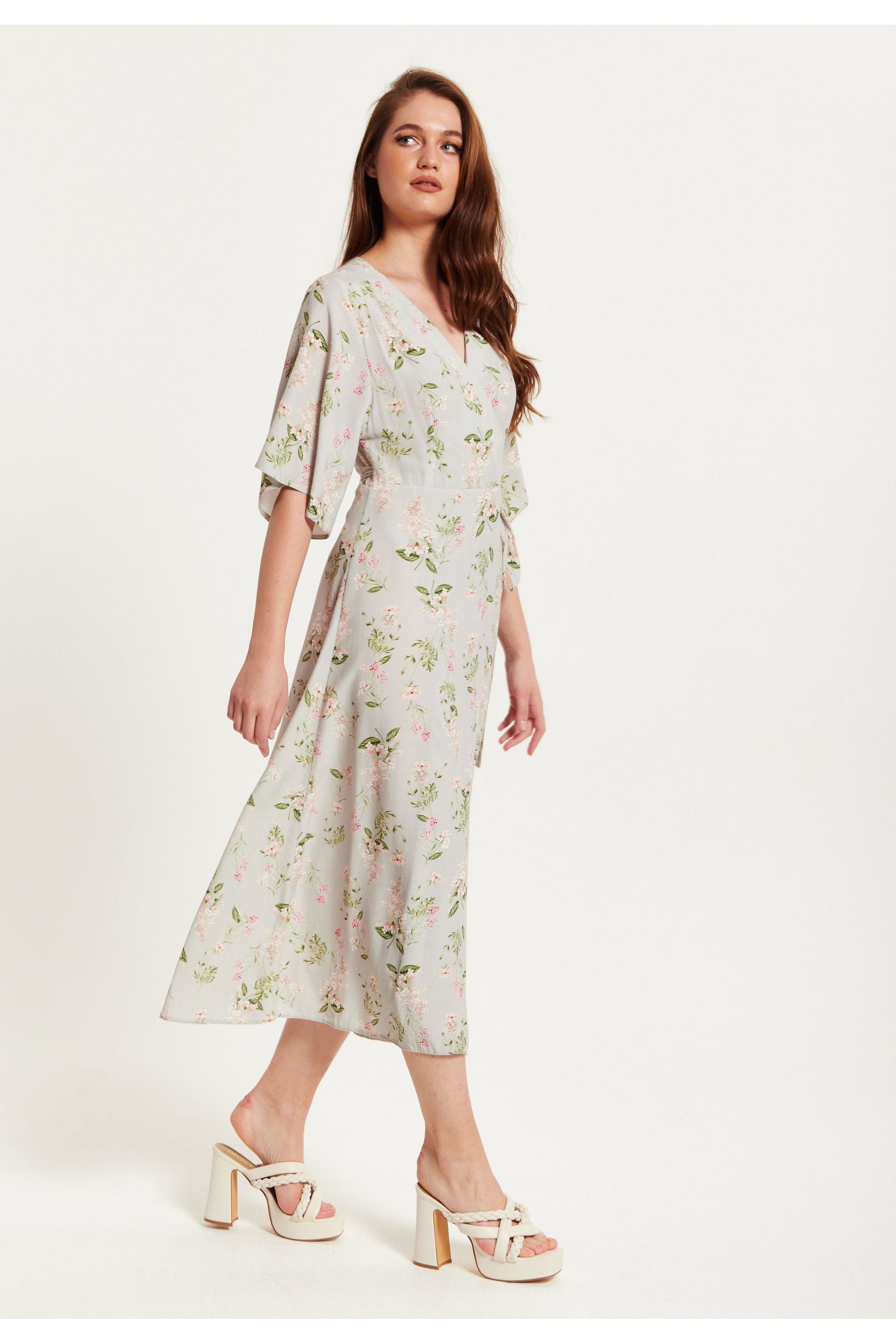 Floral Maxi Wrap Dress In Grey With Kimono Sleeves C10-LIQKM005