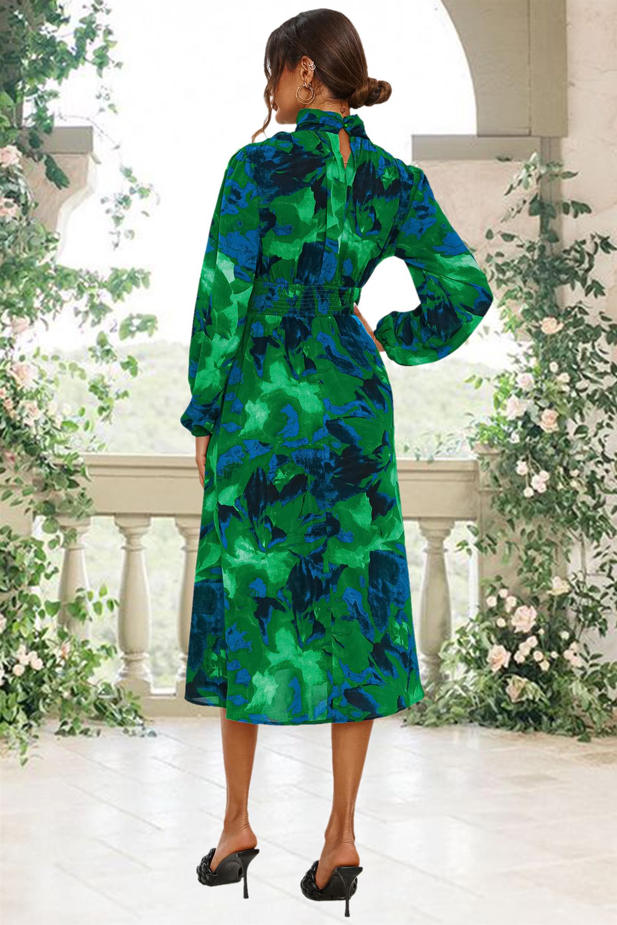 Abstract Floral Print Long Sleeve Midi Dress In Green FS669