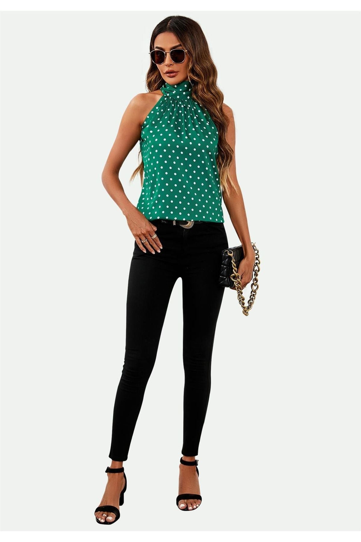 Polka Dot Print Halter Neck Tie Back Top In Green FS557-GD