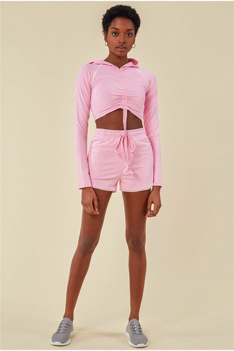 Jersey Short Set With Drawstring Top - Pink by Cosmochic