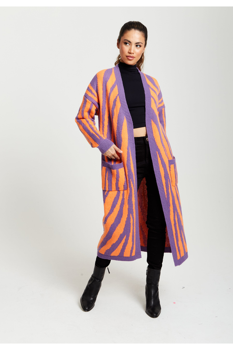 Longline Cardigan In Orange And Purple by Liquorish