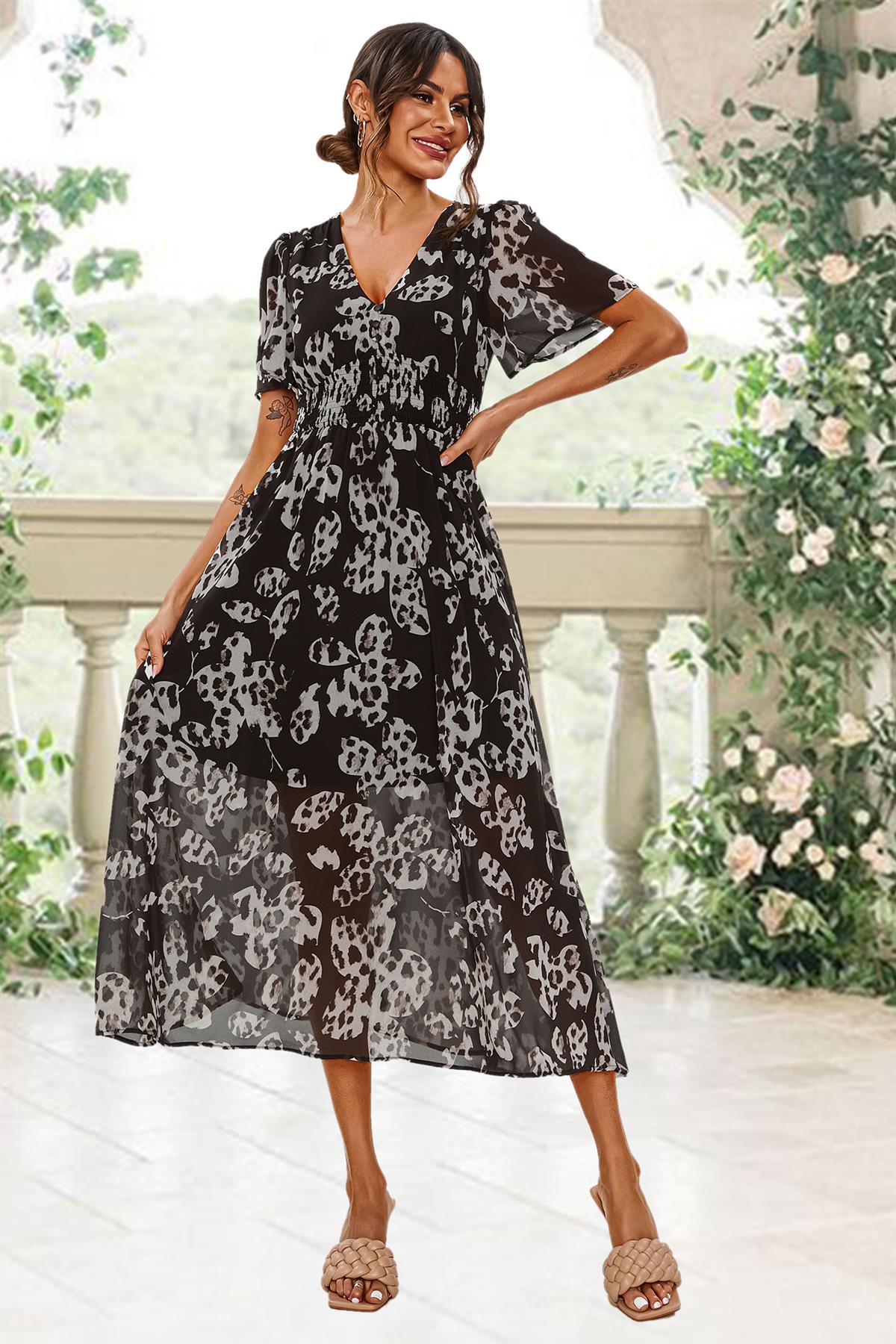 Leopard Floral Print Angel Sleeve Maxi Dress In Black FS641-BlackLF