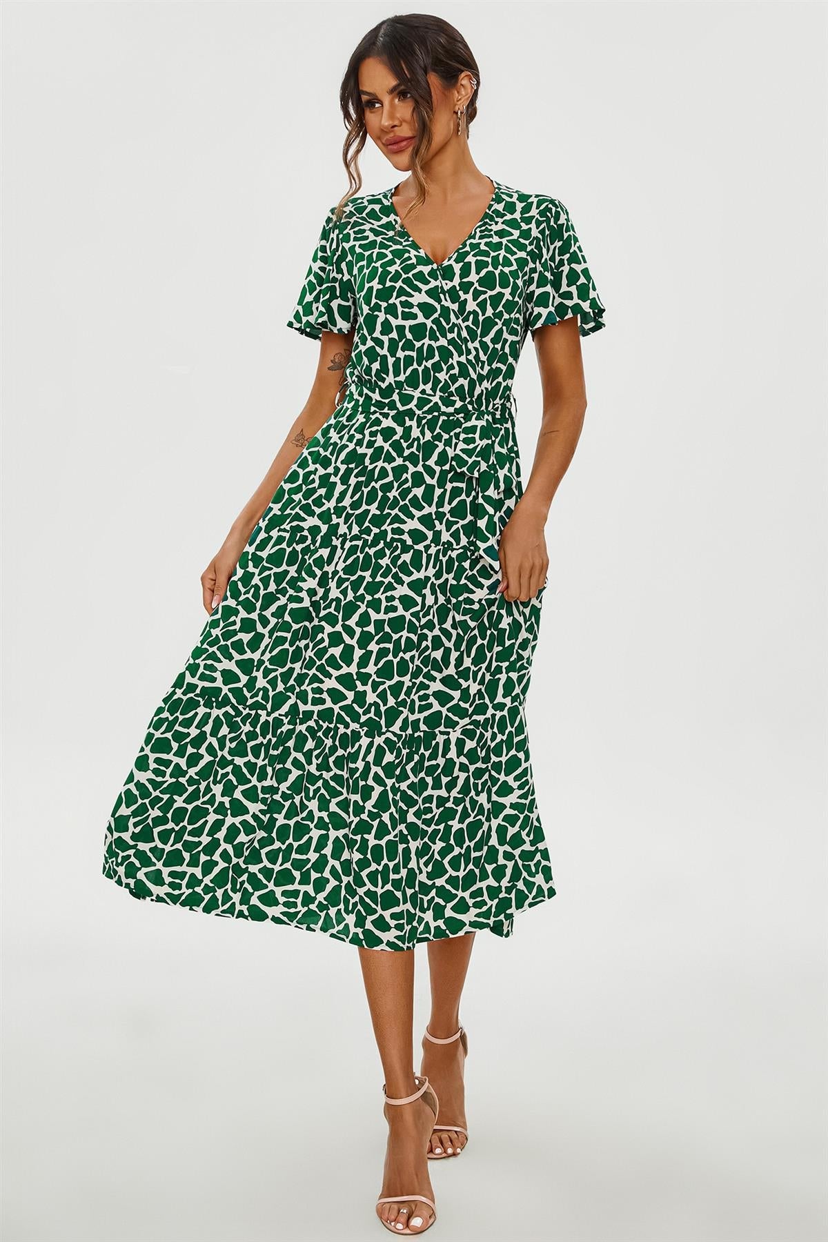 Geo Print Hem Tiered Wrap Midi Dress In Green FS231-GG