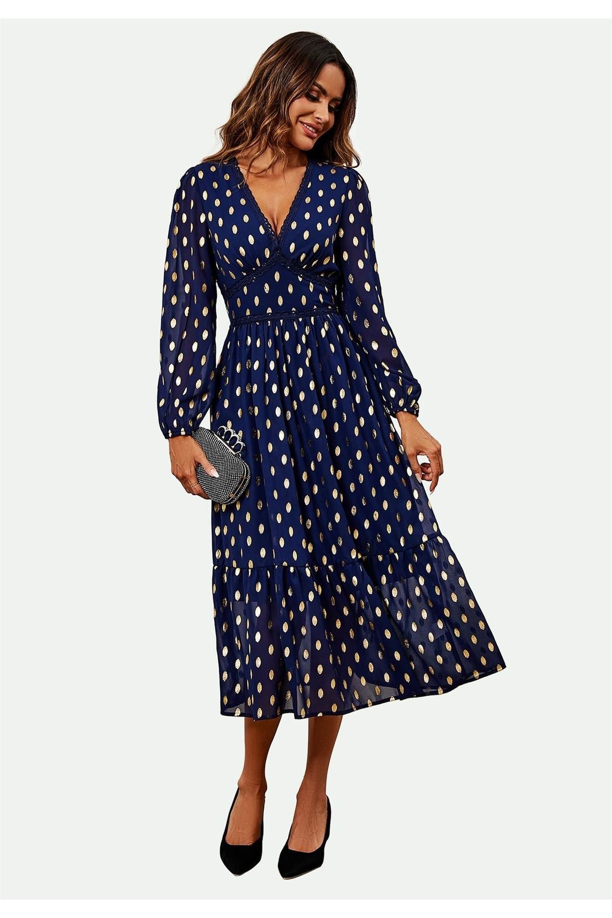 Lace Trim Foil Long Sleeve Maxi Dress In Navy FS565-NG