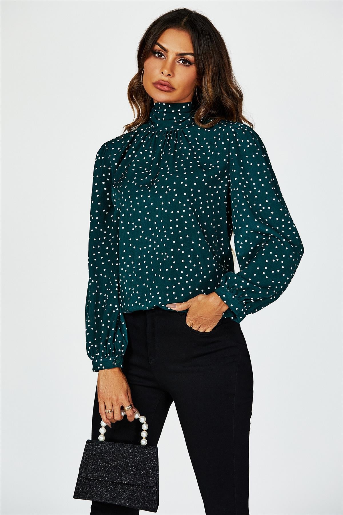 Polka Dot Print Long Sleeve Back Tie Blouse Top In Green FS637-GreenkDot