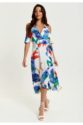 Floral Print White Based Midi Wrap Dress With Long Sleeves by Liquorish