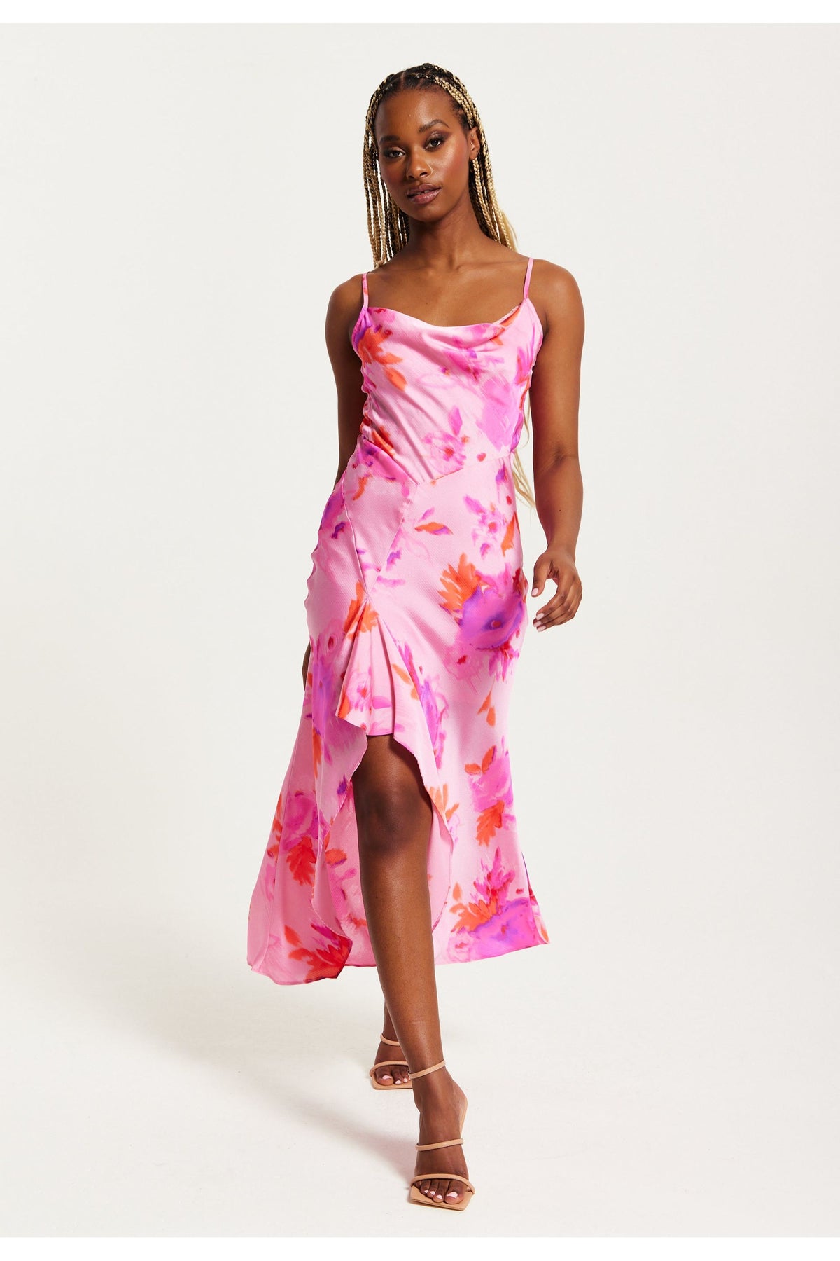 Cowl Neck Maxi Floral Print Dress In Pink B5-76-LIQBM004-F