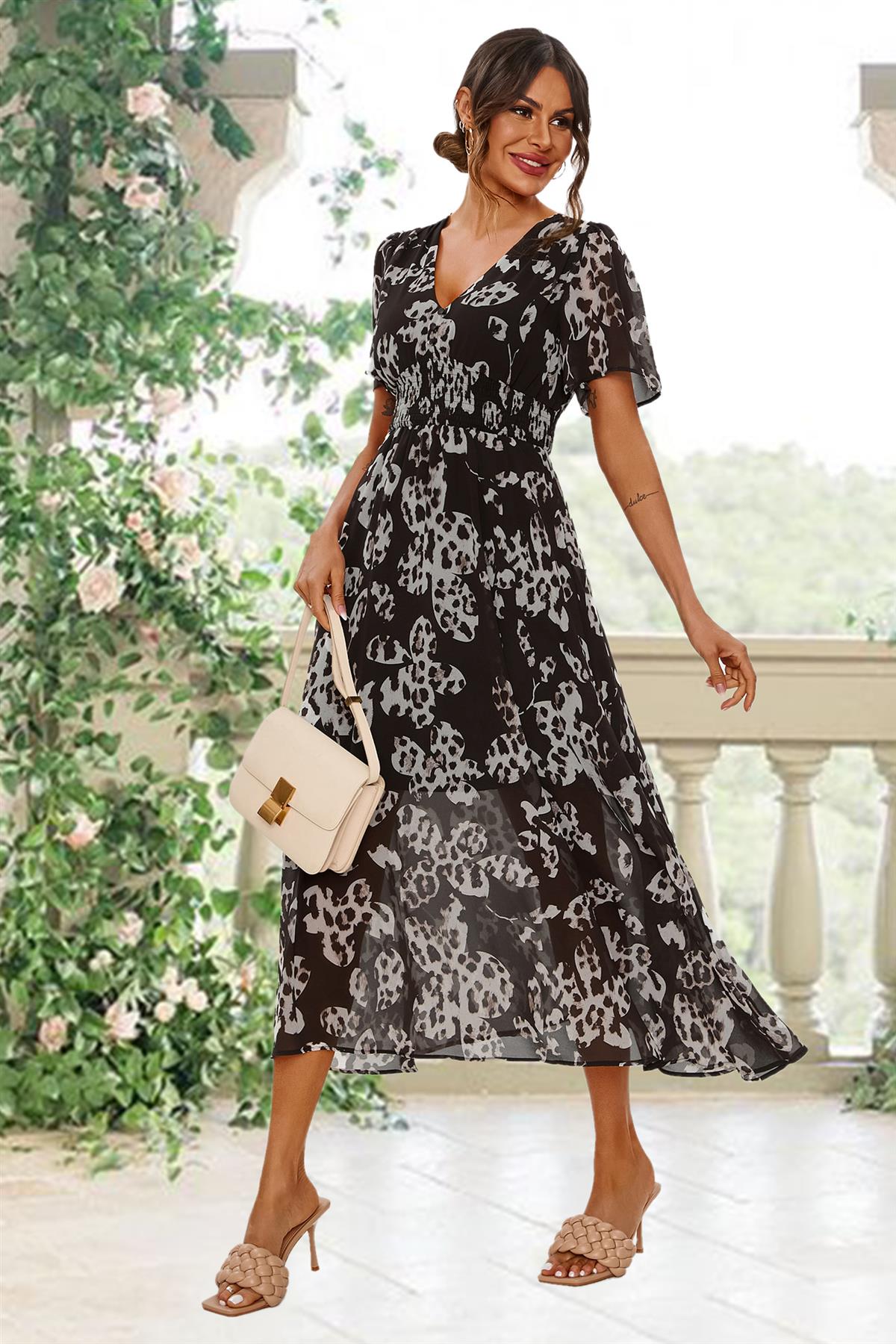 Leopard Floral Print Angel Sleeve Maxi Dress In Black FS641-BlackLF