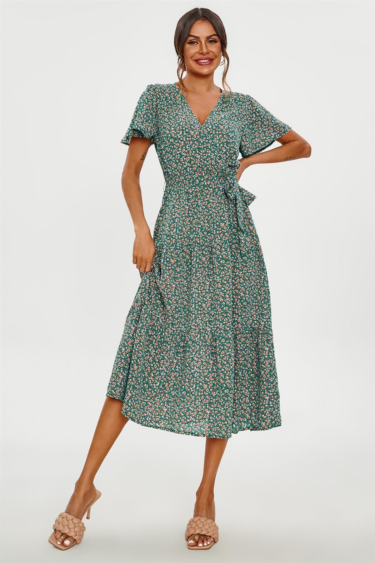 Orange Floral Print Hem Tiered Wrap Midi Dress In Green FS231-GO