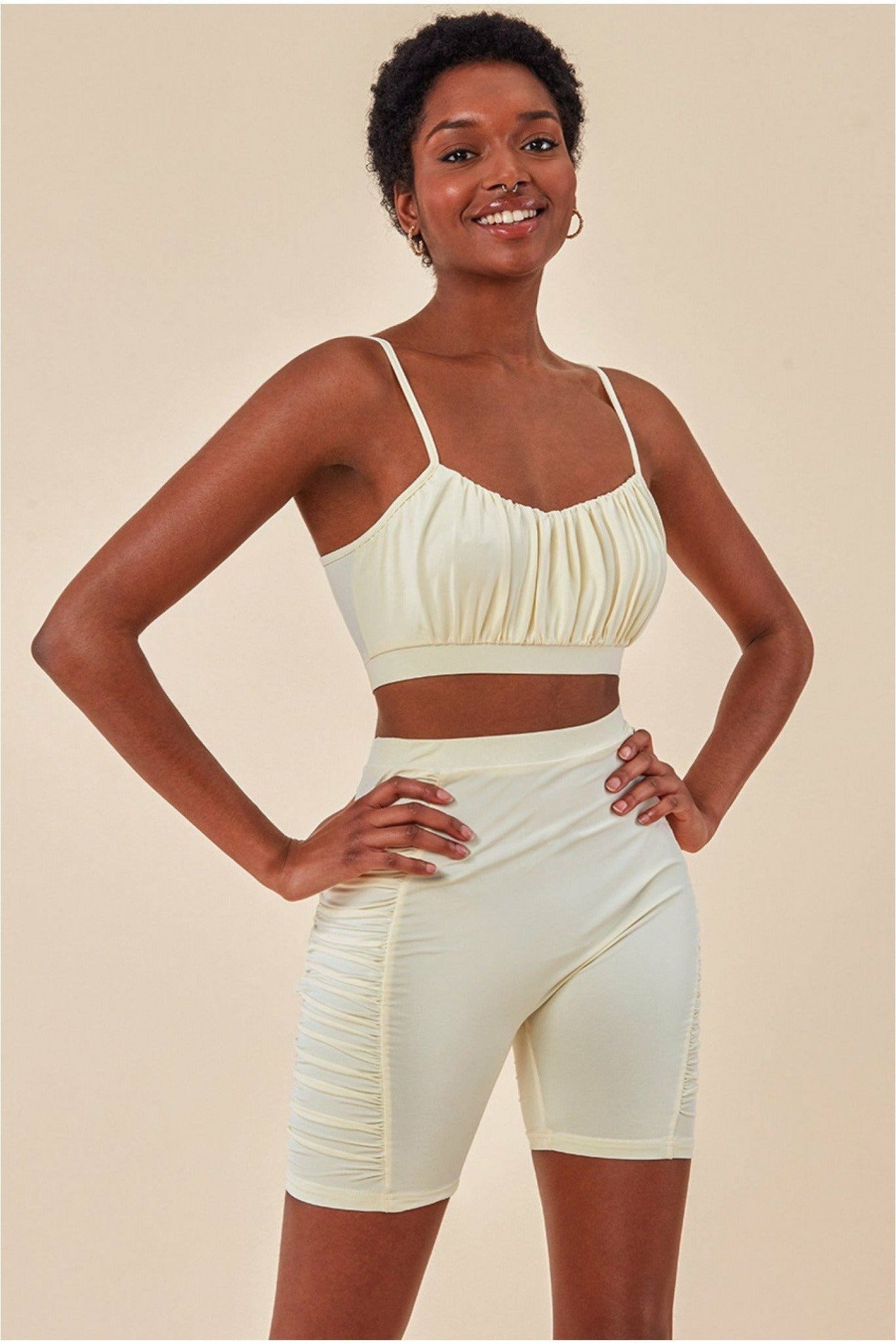 Side Detail Bralette & Cycle Short Set - Beige TS5