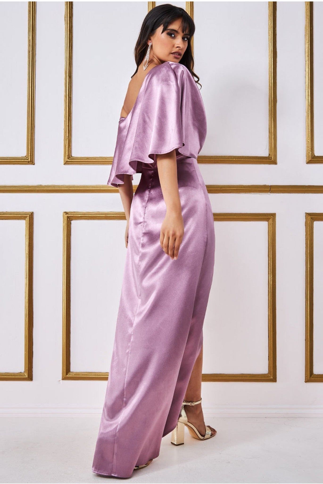 Satin Drape Shoulder Wrap Maxi Dress - Blush DR3450