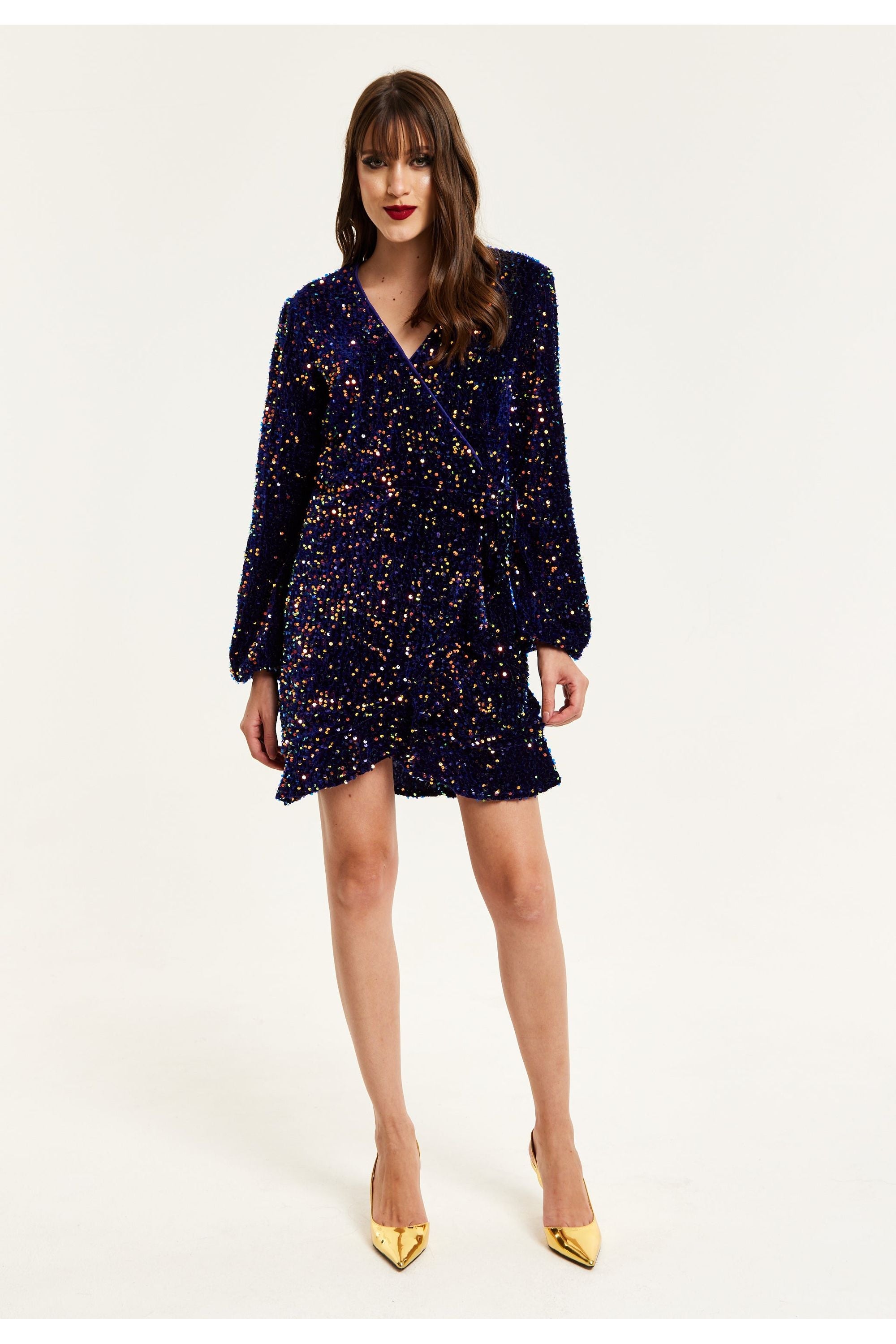 Royal Blue Velvet Based Multicolour Sequin Mini Wrap Dress E0-LIQ23AW013MC
