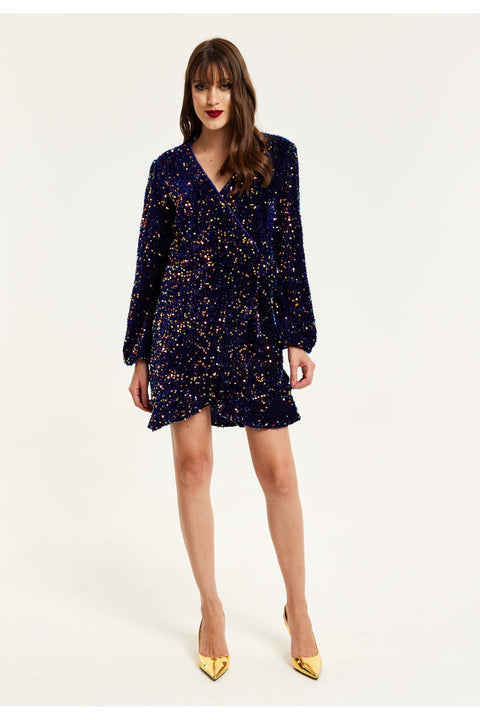 Royal Blue Velvet Based Multicolour Sequin Mini Wrap Dress by Liquorish