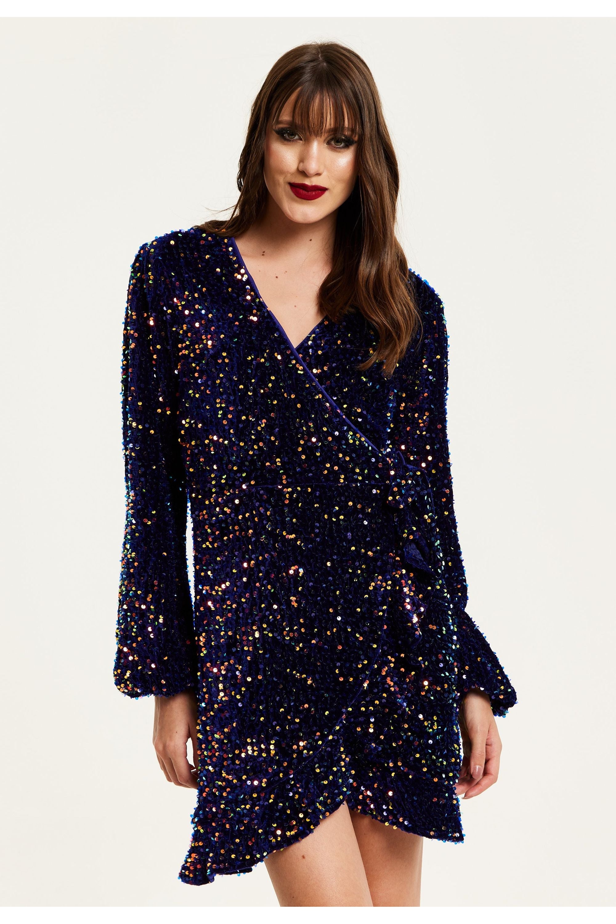 Royal Blue Velvet Based Multicolour Sequin Mini Wrap Dress E0-LIQ23AW013MC