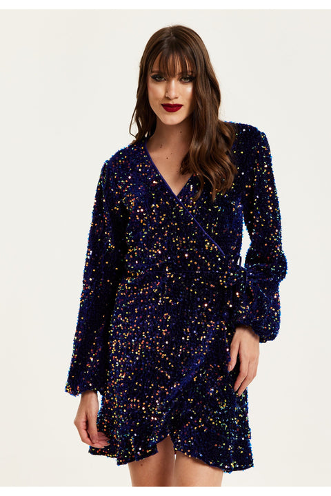 Royal Blue Velvet Based Multicolour Sequin Mini Wrap Dress by Liquorish