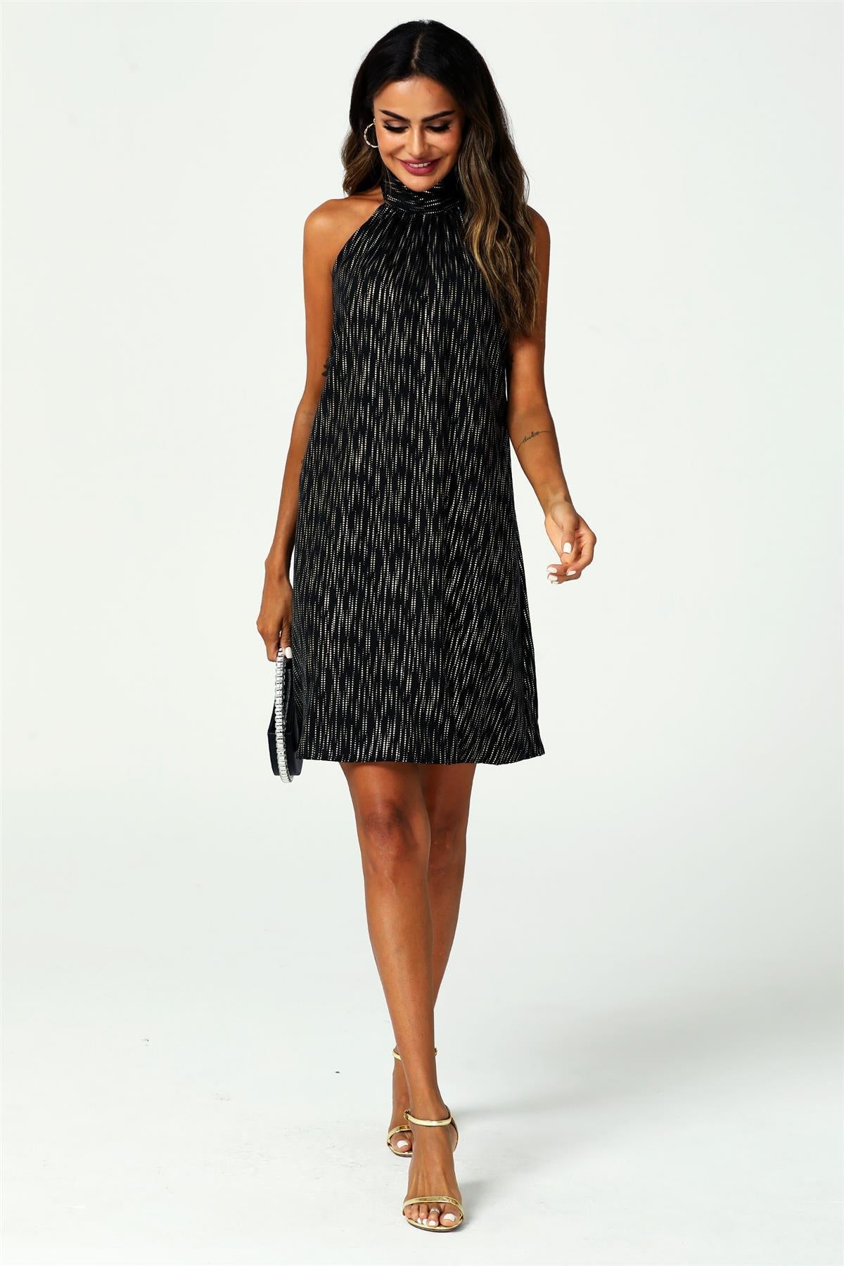 Gold Foil Halter Neck Tie Back Mini Dress In Black FS455-BG